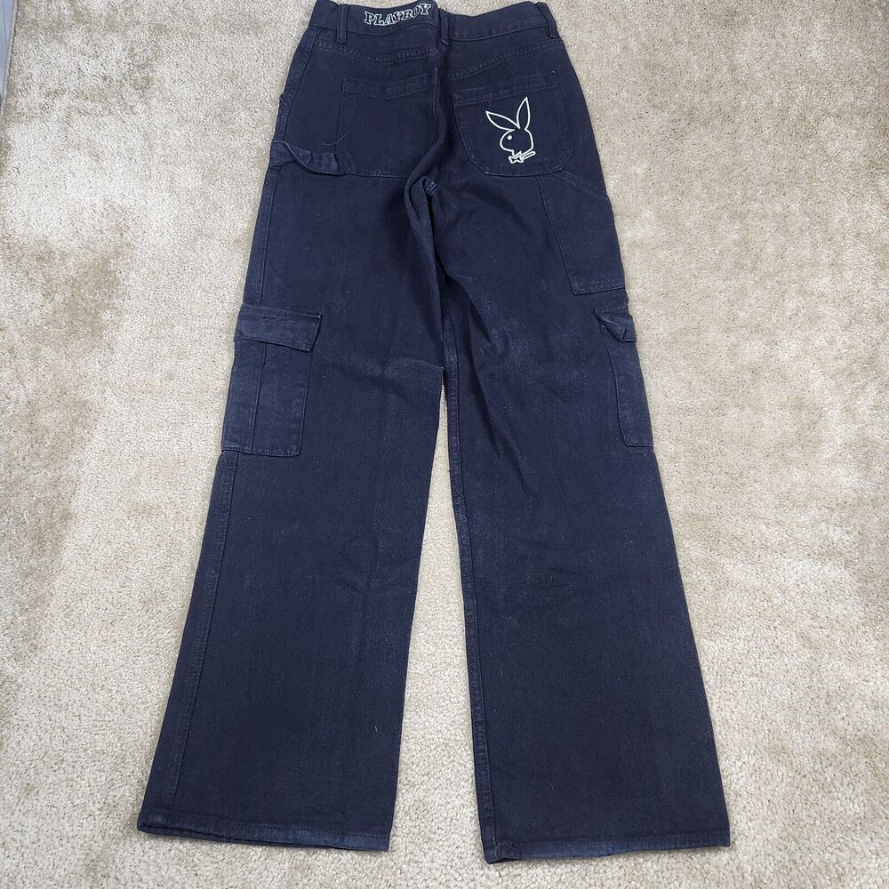 Playboy by Pacsun Denim Jeans Black Cargo Embroidered Baggy Women 24 Y2K A981